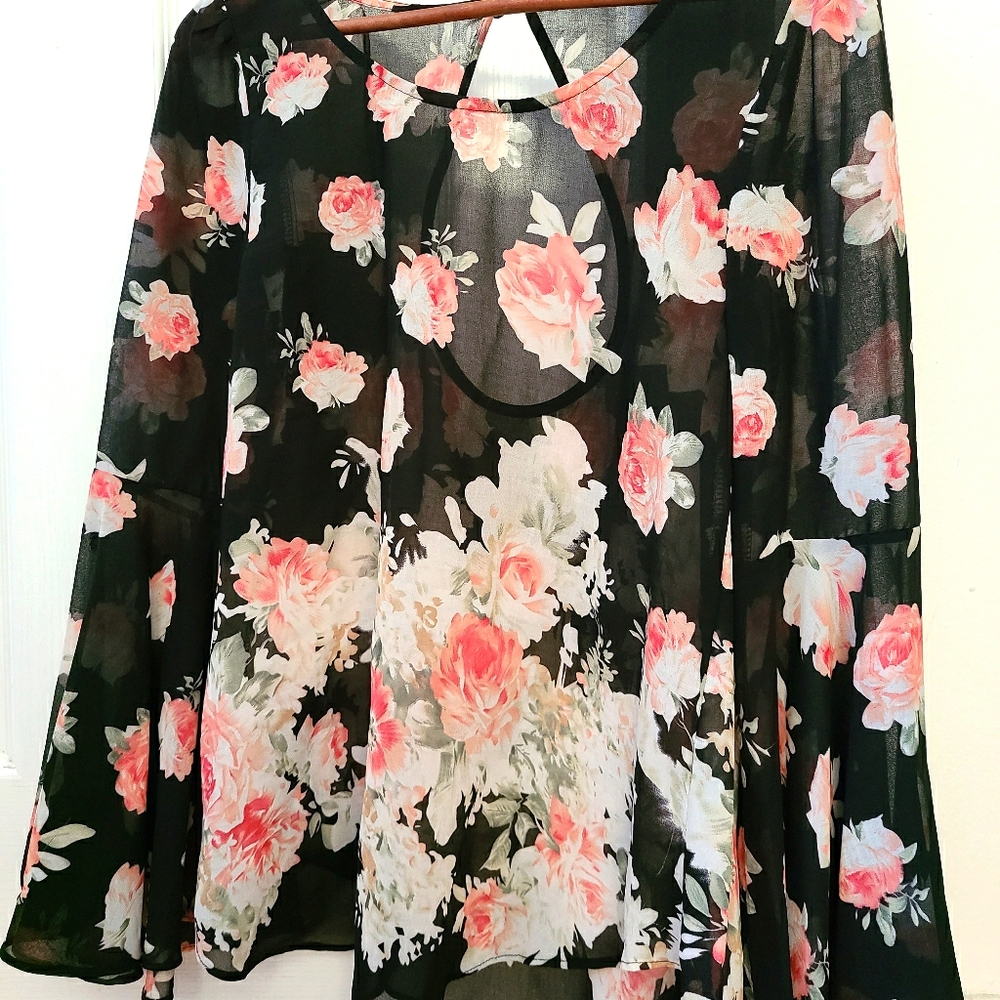 F21 Flower Black Blouse Size S